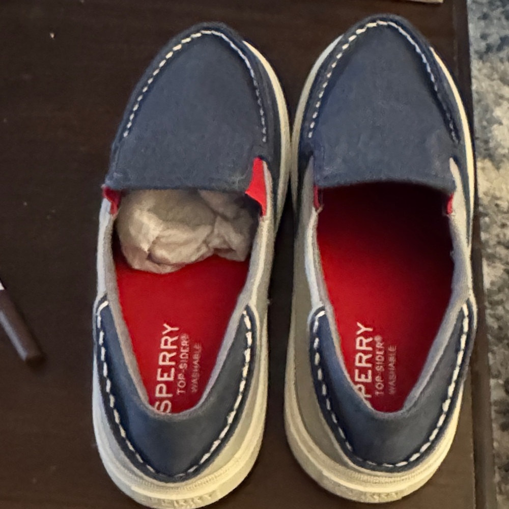 Sperry Kids Navy Moccasins with Red Interior